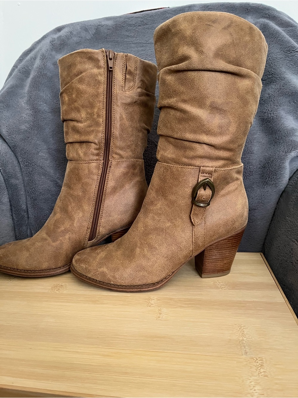 Slouchy Brown Mid-Calf Heeled Boots with Buckle Accent